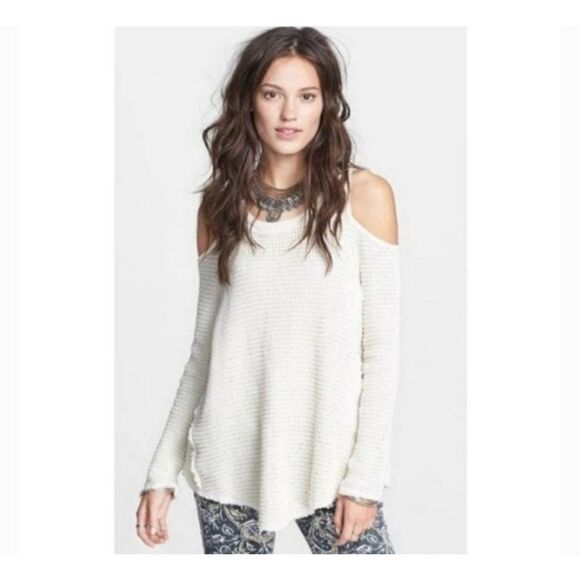 Free People Moonshine Cold Shoulder V-Neck Sweater in Beige / Cream Size XS - Picture 12 of 12